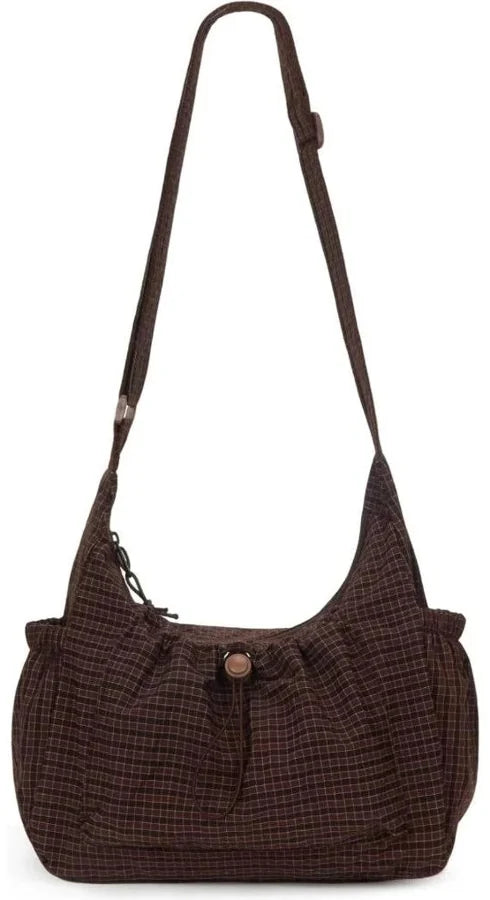 The Gingham Cinch: brown checked woven hobo bag with an adjustable strap