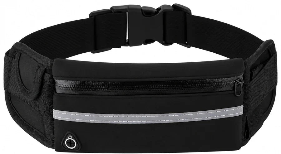 The Morning Mile: slim black water-resistant belt bag with a clip buckle