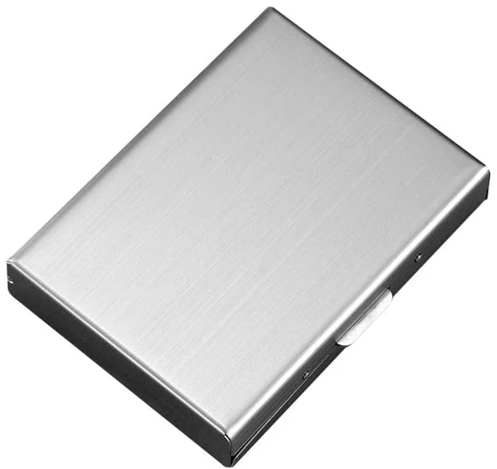 The Steel Fan: brushed silver metal RFID card case with rounded corners