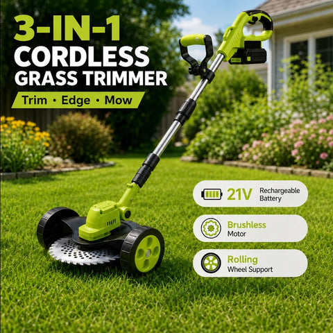 21V Cordless 3-in-1 Lawn Trimmer – 2 Batteries Included