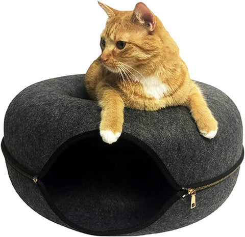 Cozy 2-in-1 Donut Cat Cave Bed – Zippered Felt Pet House