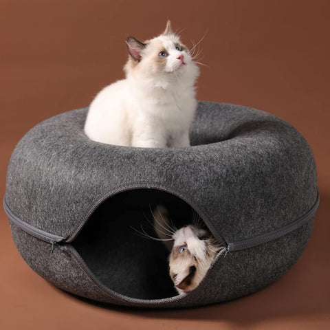 Cozy 2-in-1 Donut Cat Cave Bed – Zippered Felt Pet House