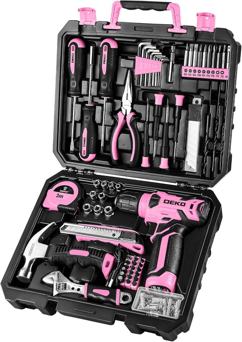 Pink Cordless Power Drill & 126 Piece Home Tool Kit – Complete DIY Repair Set