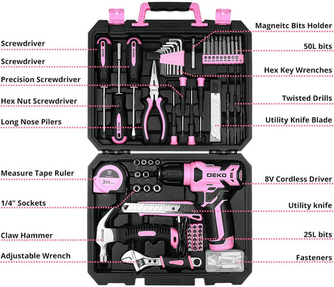 Pink Cordless Power Drill & 126 Piece Home Tool Kit – Complete DIY Repair Set