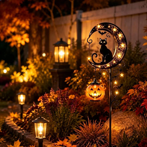 Solar Halloween Cat & Pumpkin Moon Stake Light – 50% OFF Limited Time Sale