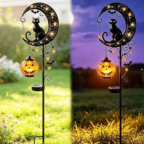 Solar Halloween Cat & Pumpkin Moon Stake Light – 50% OFF Limited Time Sale
