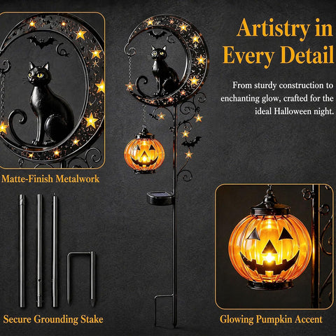 Solar Halloween Cat & Pumpkin Moon Stake Light – 50% OFF Limited Time Sale