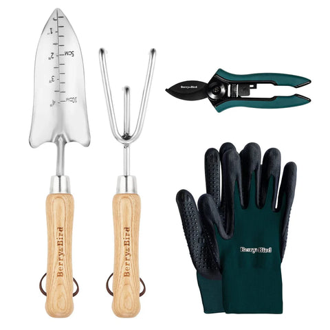 Premium 4-Piece Stainless Steel Garden Tool Set – Trowel, Rake, Pruning Shears & Gloves