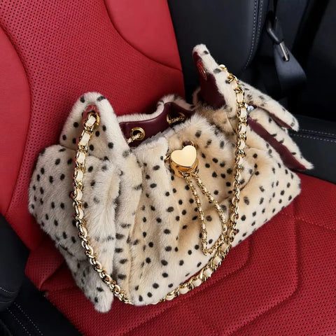 Premium Leopard Print Faux Fur Bucket Bag