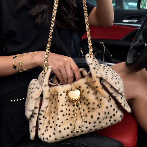 Premium Leopard Print Faux Fur Bucket Bag